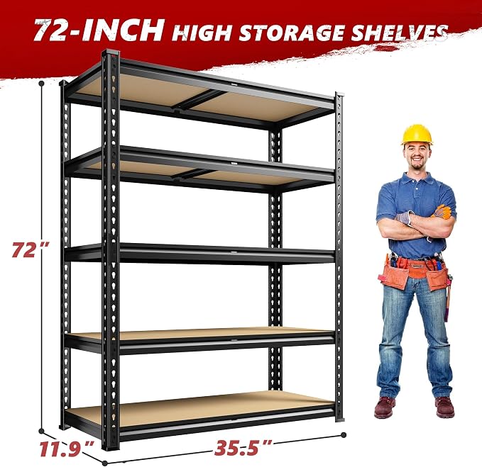 REIBII 2400LBS Garage Shelving Heavy Duty 5 Tier Storage Shelves Adjustable Garage Shelves, Utility Rack Shelf, Shelving Units for Storage Warehouse Pantry Closet, 35.5" W x 11.9" D x 72" H, 2 Pack - Image 3