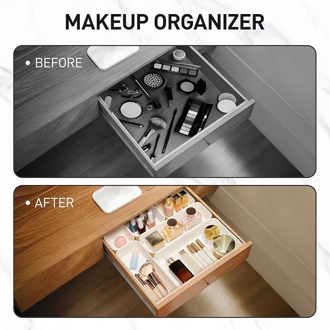 ISSEVE 8Pcs Nesting Silicone Drawer Organizer Trays, 4 Size Versatile Vanity Bathroom & Desk Drawer Organizer Set Storage Bins for Office,Kitchen,Nightstand,White - Image 6