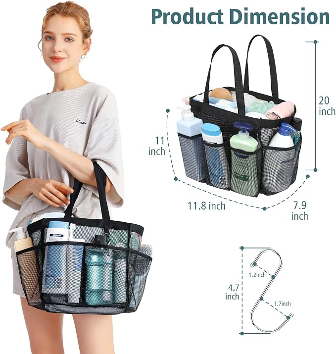 F-color Mesh Shower Caddy Portable, X Large 7 Deeper Pockets Shower Bag Basket Tote for College Dorm Room Bathroom Essentials Gym Camp Quick Dry 2 handles with S Hook, 2 Pack Black - Image 3
