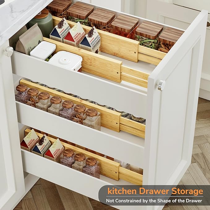 BAMEOS 3" H Large Bamboo Drawer Dividers Adjustable Drawer Organization Expandable Utensil Organizers for Kitchen Dresser Bathroom Bedroom and Office 4-pack - Image 4