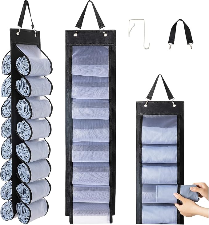 DHSFKBE Legging Organizer Storage, T-Shirt Organizer, Foldable Hanging Closet Organizer, Hanging Clothes Organizer with 16 Roll Compartments for Yoga Clothes, Shirt (Black) by DHSFKBE