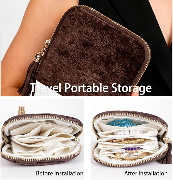 ASINGYER Travel Jewelry Storage Bag for Women, Velvet Portable Jewelry Organizer with Tassel Zipper, Small Pouches for Bracelets Necklaces Rings Earrings, Wedding Gift for Women (coffee brown) - Image 3