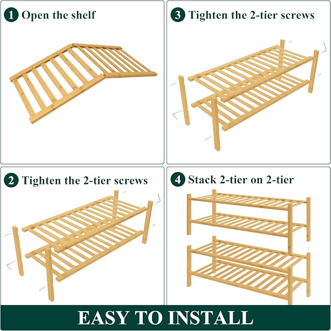 Smiry Bamboo Shoe Rack for Closet, 4 Tier Wooden Stackable Shoe Organizer, Free Standing Shoes Storage Shelf for Entryway, Front Door Entrance, Natural & White - Image 5