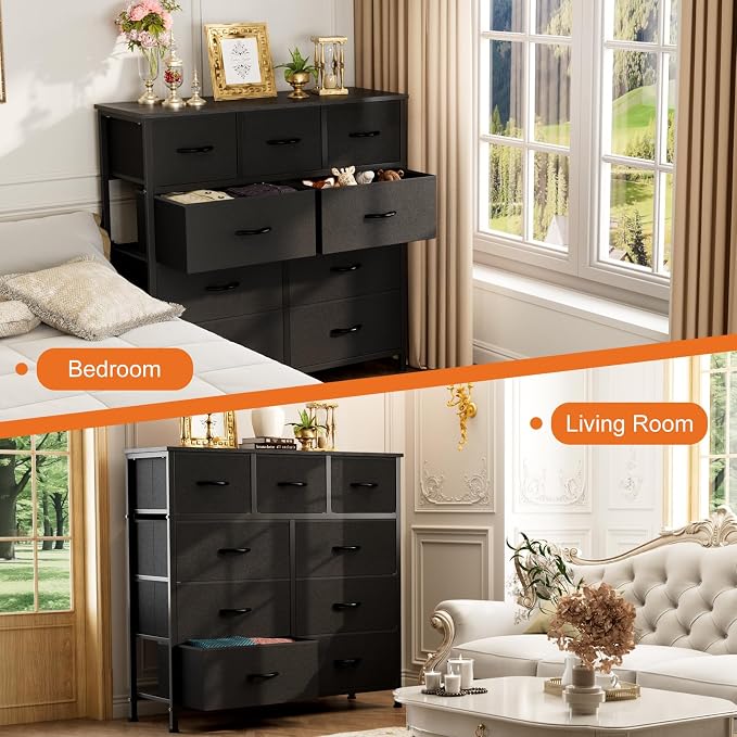 Sweetcrispy 9-Drawer Fabric Dresser Storage Tower with Wood Top and Steel Frame, Organizer Chest with Easy Pull Handles for Bedroom, Closet, Hallway,Classic Black - Image 7