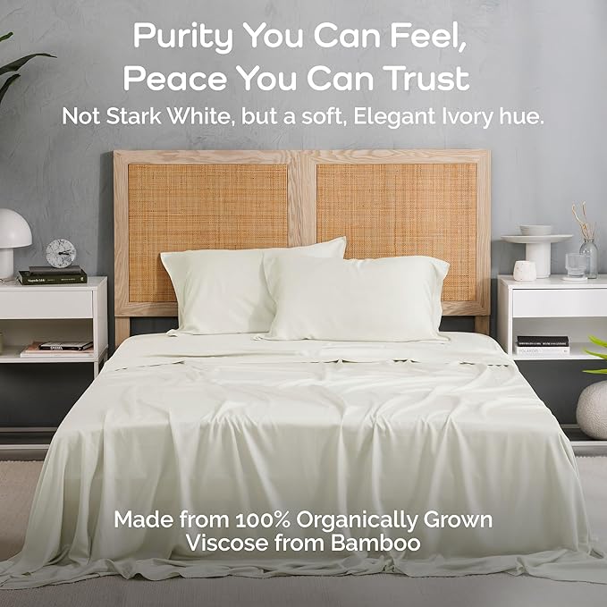Viscose Bamboo Sheets Queen Size 4PC Set - Cooling Bedding for Hot Sleepers with Moisture Wicking Technology - Silky Soft 18 Inch Deep Pocket - Ivory 60"x 80"