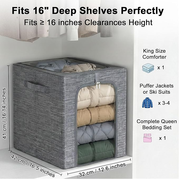 GoMaihe Clothes Storage Bins Metal Frame: 55L Extra Large Stackable Closet Storage Bin with Lid & Clear Window, Heavy Duty Blanket Box for Winter Coats Comforters (Fits Deep Closet 4-Pack) - Image 3