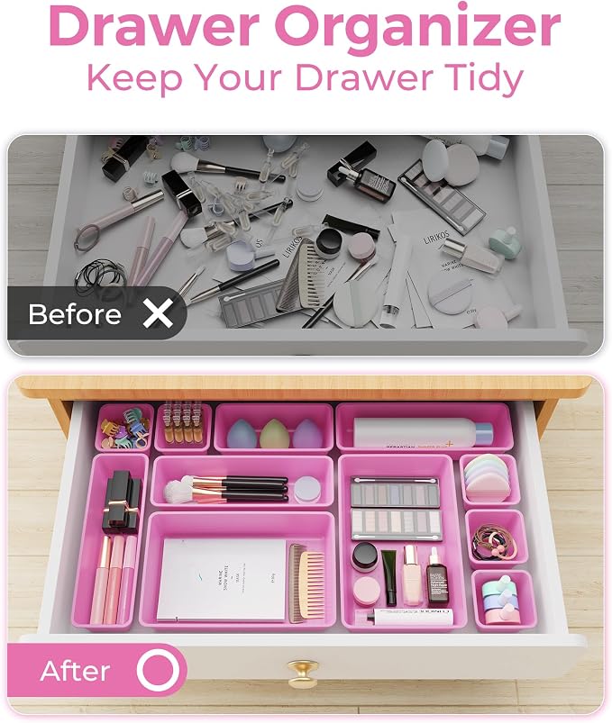 BiuLeon 25 PCS Plastic Drawer Organizers Set, 4-Sizes Vanity and Makeup Organizer, Desk and bathroom Drawer Organizer Trays, Organizers and Storage for Makeup, Jewelry, Gadgets, Utensils(Light Purple) - Image 4