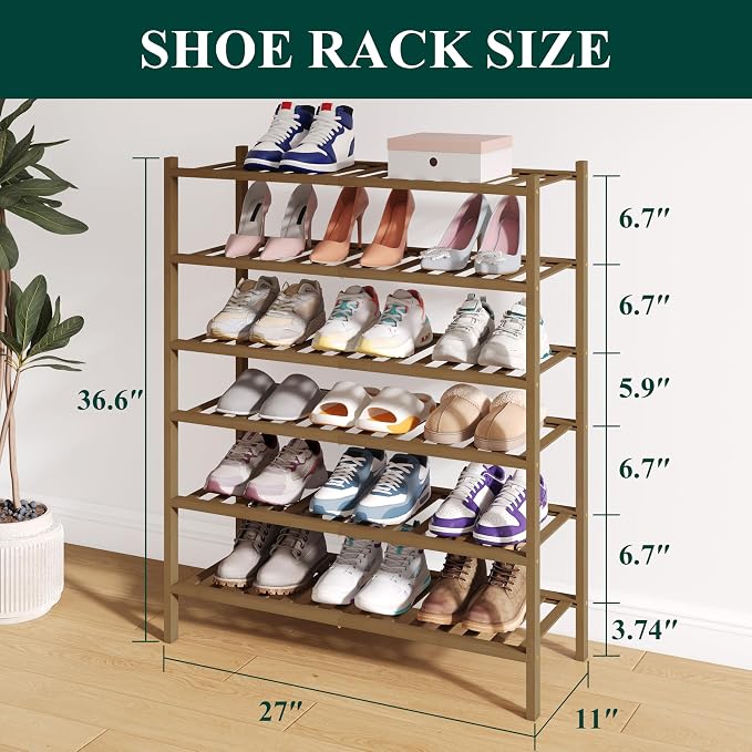 Smiry Bamboo Shoe Rack for Closet, 6 Tier Wooden Stackable Shoe Organizer, Free Standing Shoes Storage Shelf for Entryway, Front Door Entrance, Walnut - Image 2