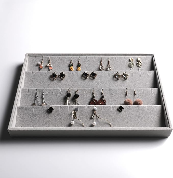 Frebeauty Stackable Velvet Jewelry Organizer Trays for Drawers Inserts Jewelry Storage Tray Display Case Earrings Bracelets Necklace Rings Accessories Trays for Women(Set of 4)(Grey). - Image 6