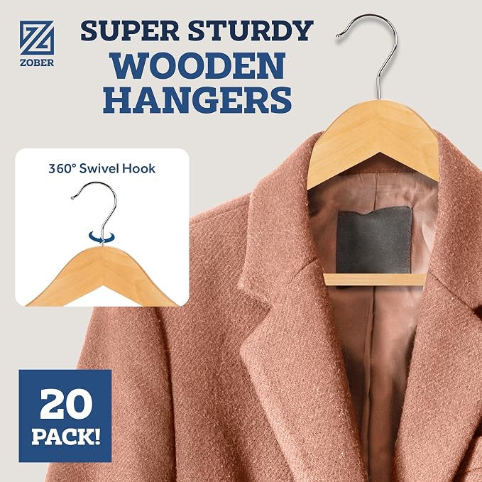 ZOBER High-Grade Wooden Hangers - Heavy Duty, Non Slip Wood Hangers for Coats, Jackets, Suits, & Pants - Clothes Hangers for Closet W/Bar and Notches 20 Pack - Image 2