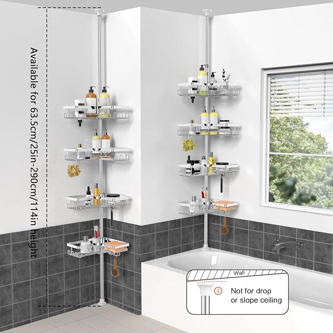 KEGII Corner Shower Caddy Tension Pole - Chrome 4-Tier Adjustable Shower Tension Rod Organizer with Hooks & Soap Holders, 25-114.2 Inch Stainless Steel Shower Storage Rack for Renters & Family - Image 7