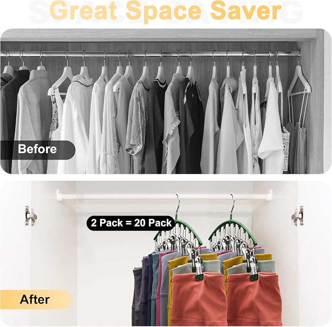 Legging Organizer for Closet, Metal Yoga Pants Hangers 2 Pack w/10 Clips Holds 20 Leggings, Space Saving Hanging Closet Organizer w/Rubber Coated Closet Organizers and Storage, Green - Image 3