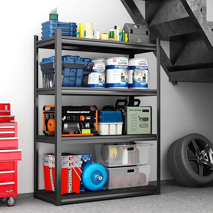 4-Tier Garage Shelving, Metal Storage Shelf, 2-in-1 Adjustable 3020 lbs Heavy Duty Shelves Unit , Upgraded Reinforced Double-Layer Columns for Garage Basement Kitchen Black (54×16×10in-4 Tier) - Image 7