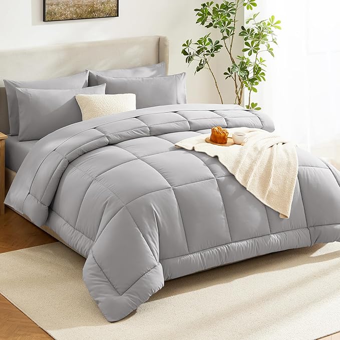 CozyLux Oversized Queen Comforter Sets French Grey, 7 Pieces Bed in a Bag, Ultra-Soft All Season Bedding Sets with Stitch Quilted Comforter, Flat Sheet, Fitted Sheet, Pillowcases