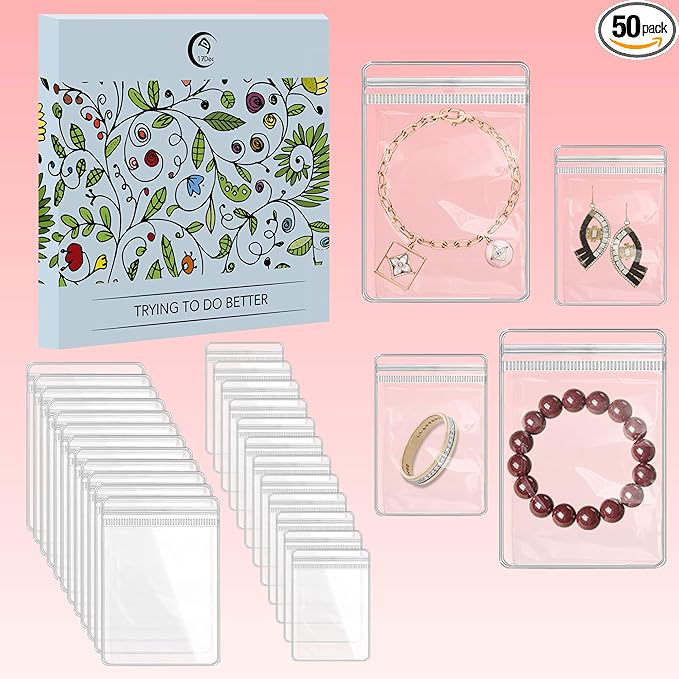 50 Zippered Plastic Jewelry Bags,Small(2.5"x3")and Large(3.5"x5"),Thicker PVC Anti-Tarnish Jewelry Bags Clear Plastic for Gold,Silver,Collectibles,Jewelry Packaging for Business,Travel,Organizing by 17Dec