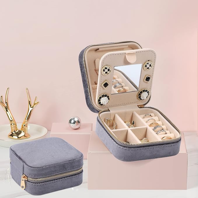 Dajasan Velvet Travel Jewelry Box, Mini Travel Jewelry Case, Small Portable Travel Jewelry Organizer Box with Mirror for Earrings Bracelets Rings Necklace (Grey) - Image 2