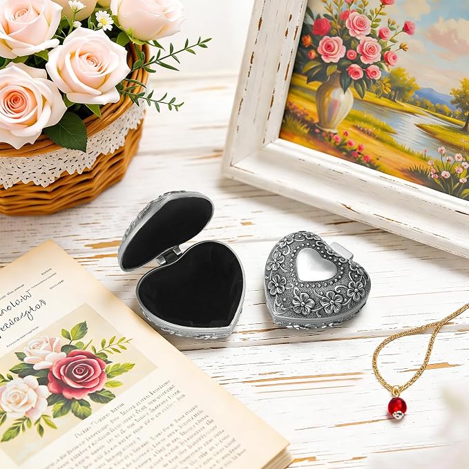Vintage Metal Jewelry Gift Box, Small Heart Shape Trinket Storage Organizer Case for Ring/Earrings/Necklace/rosary, Keepsake Treasure Holder Box for Bedside Dresser Decorative (Style 1) - Image 5