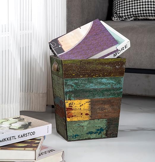 TIMRIS Small Wood Trash Can Wastebasket, Farmhouse Rectangular Garbage Can Waste Basket, Rustic Distressed Boho Wooden Trash Recycling Bin with Metal Handles, Reclaimed Wood Storage Basket (Random) - Image 2
