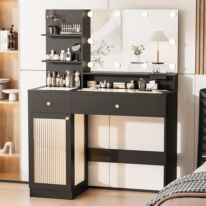 INNOD 40" Vanity Desk with Large Mirror and Lights, Modern Glass Top Makeup Vanity Set with Power Outlet, Drawers and Cabinet, 3 Lighting Color Adjustable Dressing Table for Bedroom, Black