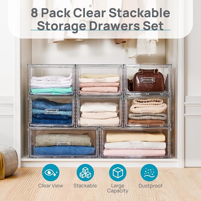 Vtopmart 8 Pack Large & Medium Stackable Drawer Organizer Set, 162QT Easy Assembly Clear Plastic Storage Cabinet, Durable Dresser for Closet, Bedroom, Entryway, Playroom & Apartment Organization - Image 3