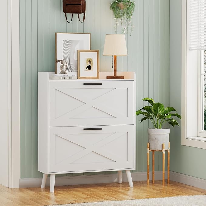 Homleke 32" W Farmhouse Shoe Storage Cabinet with 2 Flip Drawers and Barn Door Design, Adjustable Shelves, Modern Hidden Slim Narrow Shoe Rack Cabinet for Entryway, Foyer, Hallway, Living Room, White by Homleke