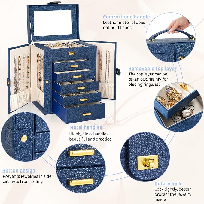 AKOZLIN Jewelry Box Organizer Functional Leather Jewelry Storage Case for Women Girls Ring Necklace Earring Bracelet Holder Organizer with Mirror Blue - Image 7