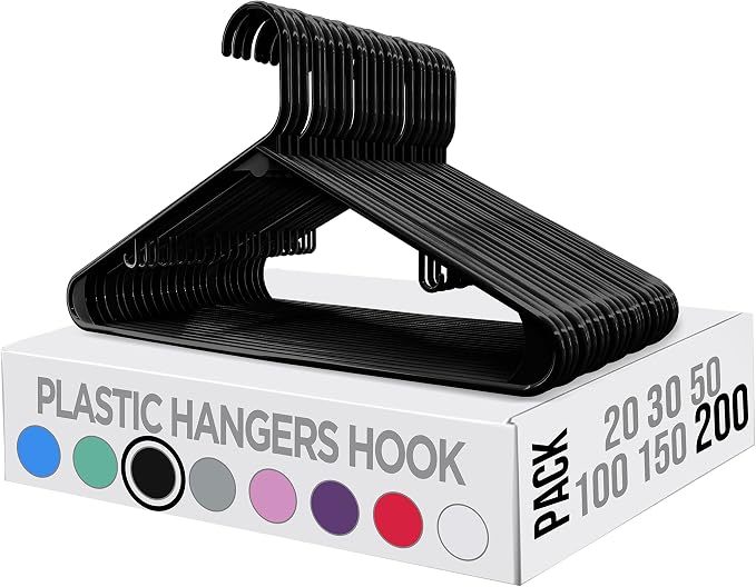 Utopia Home Plastic Hangers 200 Pack - Space Saving Clothes Hanger - Durable & Strong Closet Organizers and Storage with Built-in Strap Hooks - Essential for Shirts, Pants, Skirts & Coats (Black) - Image 6