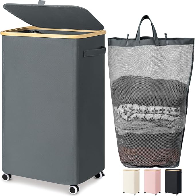 Goodpick Laundry Basket with Wheels, Large Rolling Laundry Hamper Slim Clothes Hampers with Removable Wash Bag Collapsible Dirty Clothes Basket with Lid, 100L, Gray by Goodpick