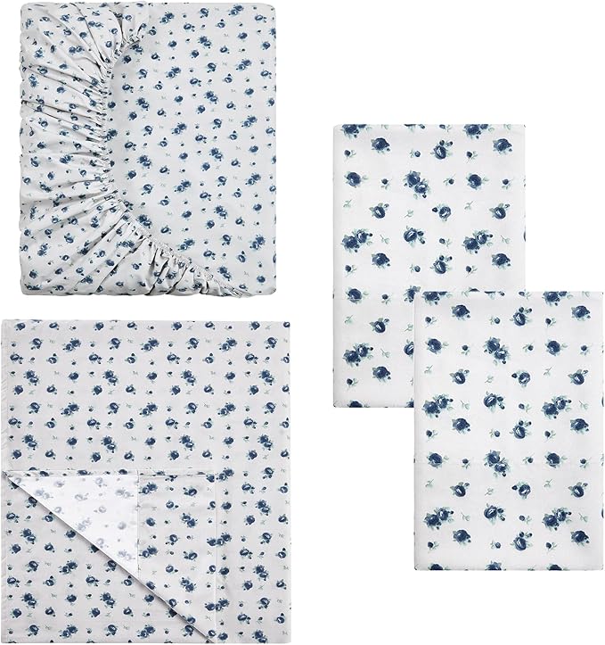 Modern Threads 3-Piece Ultra Soft Microfiber Bed Sheets Set, Wrinkle Free Sheets with Deep Pockets Fitted Sheet, Flat Sheet & Pillowcases, Lightweight Breathable Bedding, Blue Roses, Twin