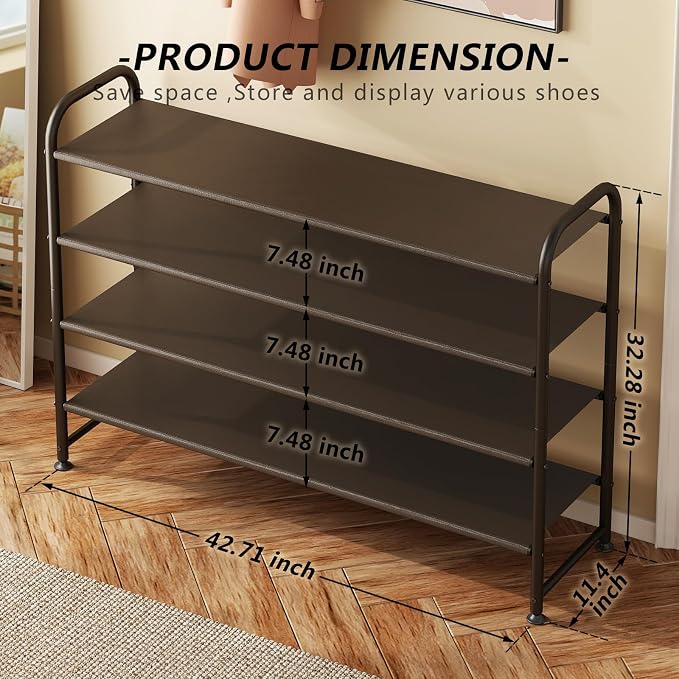 INGIORDAR Shoe Rack 4 Tier Long Storage Organizer Wide Metal Shoe Shelf for Closet Entryway Brown - Image 3
