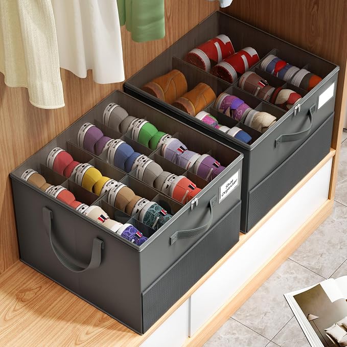 NestOrganix 2 Pack Shoe Organizer for Closet, Large Shoe Box Storage Containers, Foldable Shoe Storage Organizer Box Bin with Adjustable Dividers and Clear Cover, Space Saving Shoes Holder, Gray - Image 7
