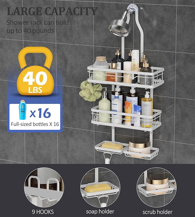 OMAIRA Shower Caddy Hanging with Soap Scrub Holder, Stainless Steel Adjustable No Drilling Non-Slip Large Capacity Sturdy Over Shower Head Shower Organizer Inside Shelves Bathroom Storage Rack, White - Image 5