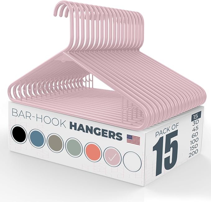Neaties Plastic Hangers 15 Pack – Made in The USA – 6lb Capacity Standard Clothes Hangers with Strap Hooks for Dresses, Lingerie, Shirts, Pants, and Jackets – Pink by NeatiesHangers