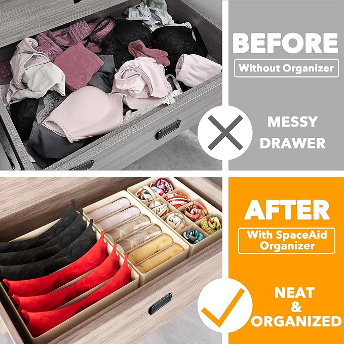 SpaceAid Underwear Drawer Organizer, 4 Pack Dresser Organizer Bins for Nursery, Closet Organization and Storage with Dividers for Baby Clothes Socks Bra Ties Scarf (Beige) - Image 2