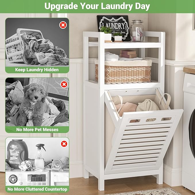Homykic Tilt Out Laundry Hamper, 10 Gal Bamboo Laundry Storage Cabinet with Removable Basket, Hidden Hamper Organizer with Shelf for Dirty Clothes, Bathroom, Laundry Room, Space Saving, White - Image 5