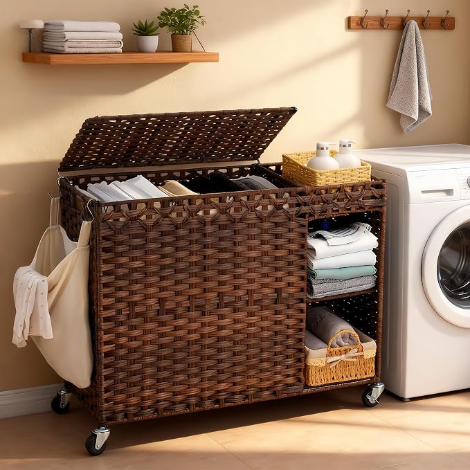 Laundry Hamper with Lid, 160L Rattan Wicker Laundry Basket with Wheels, Handwoven Laundry Hamper 3-Section with Storage shelf(42.3 Gal), Laundry Sorter Basket with Removable Liner,Brown HLH033BR by HEYBLY