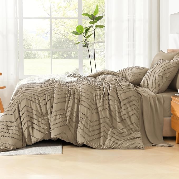Litanika Taupe California King Size Comforter Set with Sheets - 7 Pieces Bed in a Bag California King Boho Tufted Complete Bedding Sets with Comforter, Sheets, Pillowcases & Shams