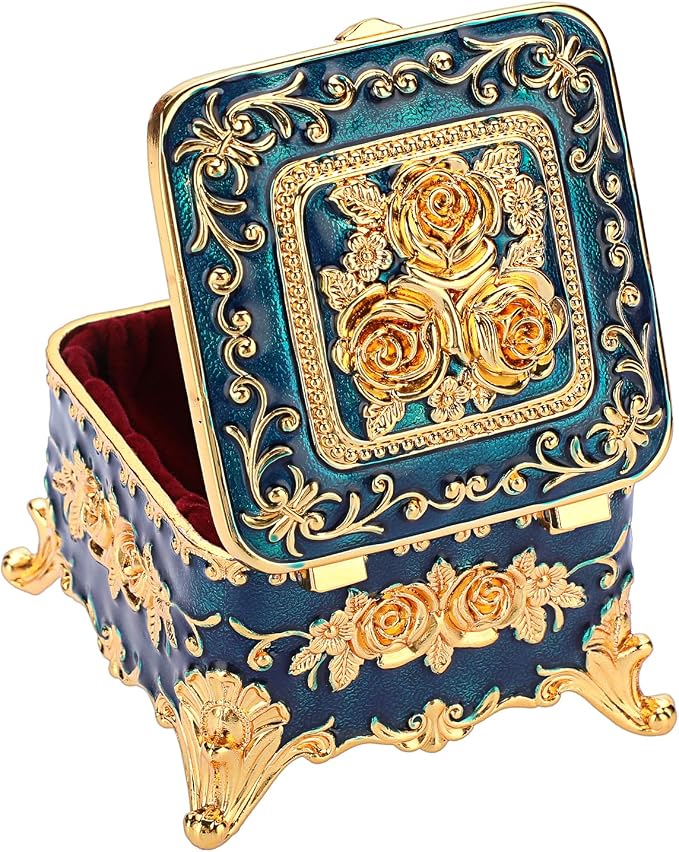 Hipiwe Vintage Metal Jewelry Box - Small Trinket Organizer Ring Box Case with Rose Pattern, Jewelry Storage Box for Ring Earrings Necklace, Keepsake Box for Women, 3"x3"x2.4" - Image 5