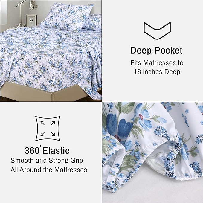 RUVANTI 100% Cotton Sheets Queen Size Set, 4 Pieces, Soft & Breathable Percale Weave Bedding, Deep Pocket 16", Hotel Standard, Crisp Cool Feeling, Durable, Perfect Floral Bed Sheet, Paislyona