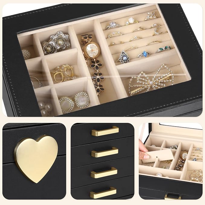 Kendal Jewelry Box, 5-Layer Jewelry Organizer Box with Glass Lid, Black, Heart Shaped PU Leather, Storage Box for Necklace Earrings Rings Bracelets, Gift Idea for Girls LJC4DRBK - Image 4