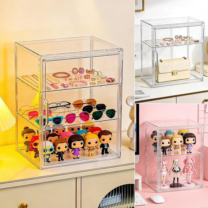 Acrylic Display Case for Collectibles, 3 Tier Clear Storage Bin with 3 Adjustable Layers and 2 Removable Divider, Stackable Clear Storage Box with Magnetic Door for Figures, Home or Office,Large - Image 4