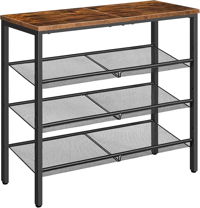 HOOBRO Shoe Rack for Entryway, 4-Tier Shoe Organizer with Adjustable Mesh Shelves, 12-16 Pairs of Shoes, Spacious Floor Mount, Metal, Industrial, Shoe Shelf for Closet, Rustic Brown BF42XJ01 by HOOBRO