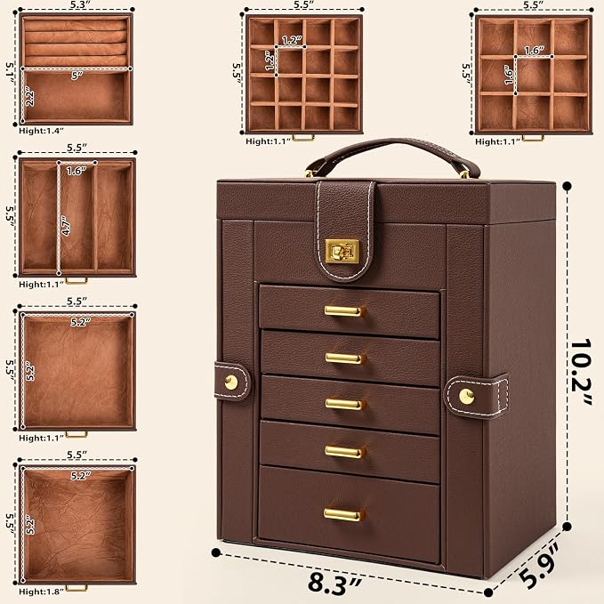 AKOZLIN Jewelry Box Organizer Functional Leather Jewelry Storage Case for Women Girls Ring Necklace Earring Bracelet Holder Organizer with Mirror Brown - Image 4