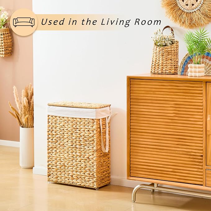 Handwoven Slim Laundry Hamper with Lid, 55L Natural Water Hyacinth Basket and Handles, Narrow Wicker Laundry Basket with Removable Liner Bag & 2 Mesh Bags - Image 4