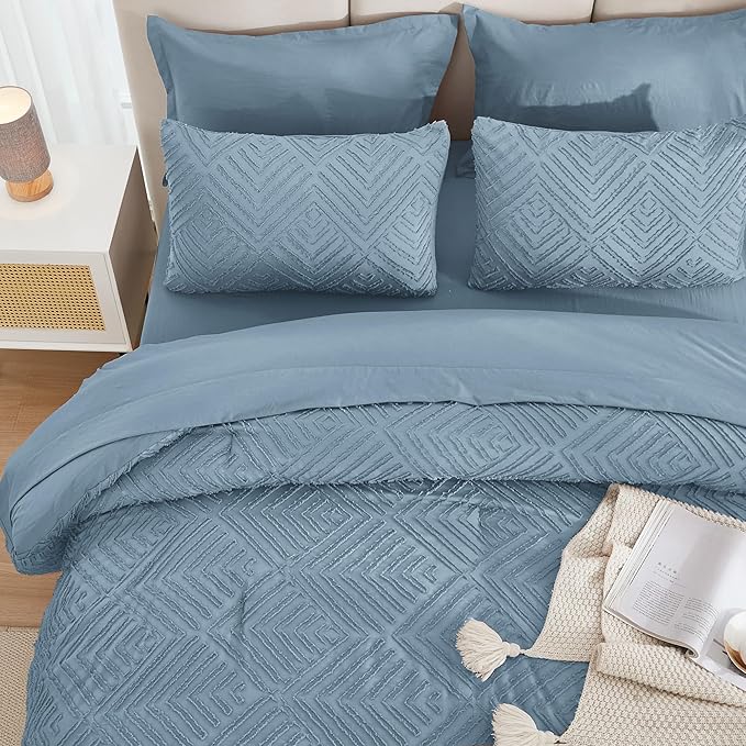 Andency Oversized Queen Size Comforter Set with Sheets Grayish Blue - 7 Pieces Bed in a Bag Oversized Queen Boho Tufted Lightweight Bedding Sets with Comforter, Sheets, Pillowcases & Shams