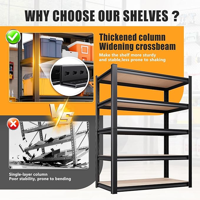 71.2" H Garage Shelving Heavy Duty Storage Shelves, Metal Adjustable Shelving Unit, Utility Garage Organizer Shelf for Basement, Pantry, Kitchen, Warehouse,15.7" Dx35.4 Wx71.2 H Black - Image 5
