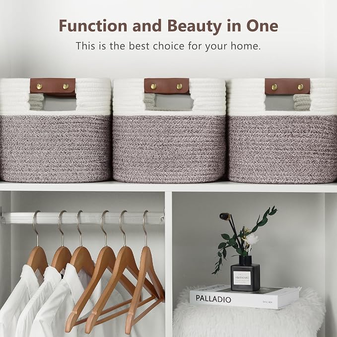 ECDYQXVU Cotton Rope Basket, Storage Baskets with Handle, 15x10x9 Inch Woven Basket for Shelves, Laundry, Towels, Clothes, Books (White Brown 1 Pack) - Image 6