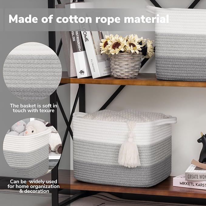 Goodpick Woven Storage Basket, Closet Storage Bins for Books, Towels, Cotton Rope Organizer with Handles, Square Toy Gift Basket for Kids, Gradient Gray, 13 x 10 x 9 Inches - Image 4