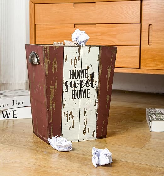 Small Wood Trash Can Wastebasket, Farmhouse Rectangular Garbage Can Waste Basket, Rustic Distressed Wooden Trash Recycling Bin with Metal Handles, Home Sweet Home Wood Storage Basket (Distressed) - Image 2