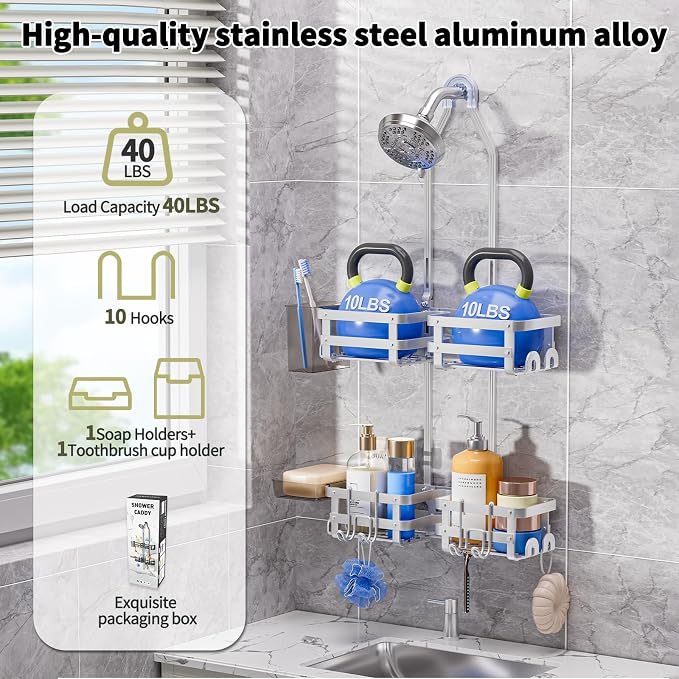 GAOKASE Aluminum Shower Caddy Hanging, Never Rust Shower Organizer- 4 Levels with adjustable Height 10 Hooks for Razor/Sponge - Rack with Soap Basket (Silver) - Image 4
